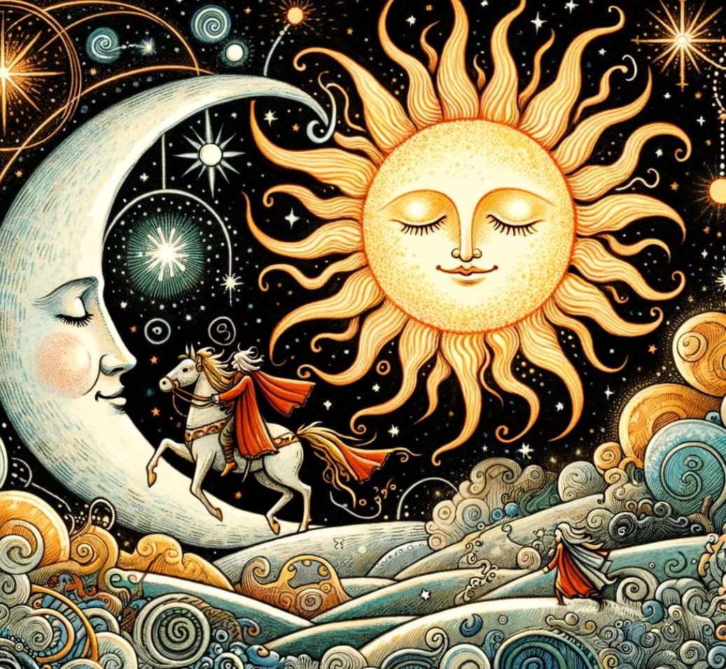 the story of the Sun and the Moon, their enchanting journey across the cosmos