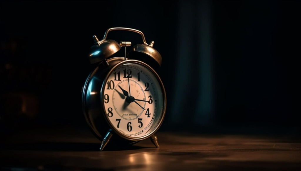 A classic alarm clock showing ten past ten on a dark background with a soft glow